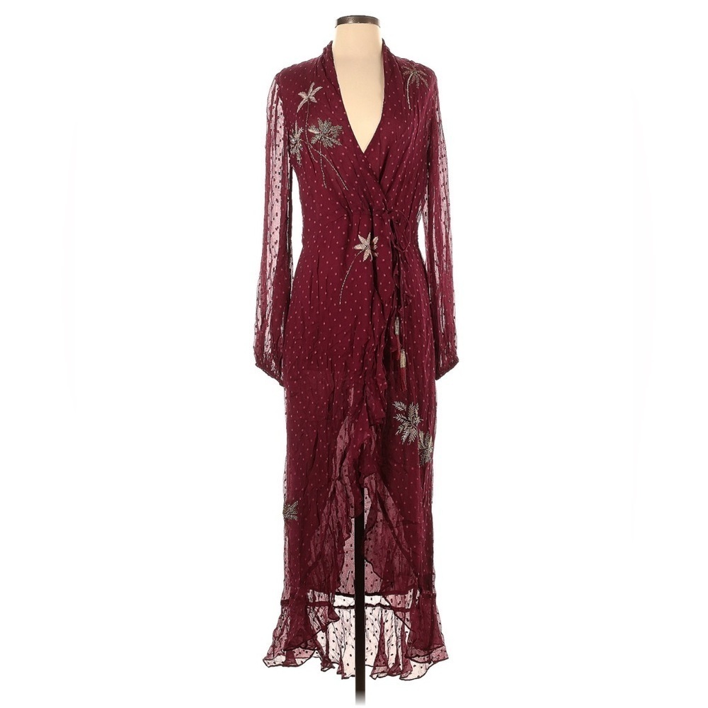 NWT Rococo Sand Embellished Maxi Dress S Maroon Beaded Boho Fall Wedding Gown